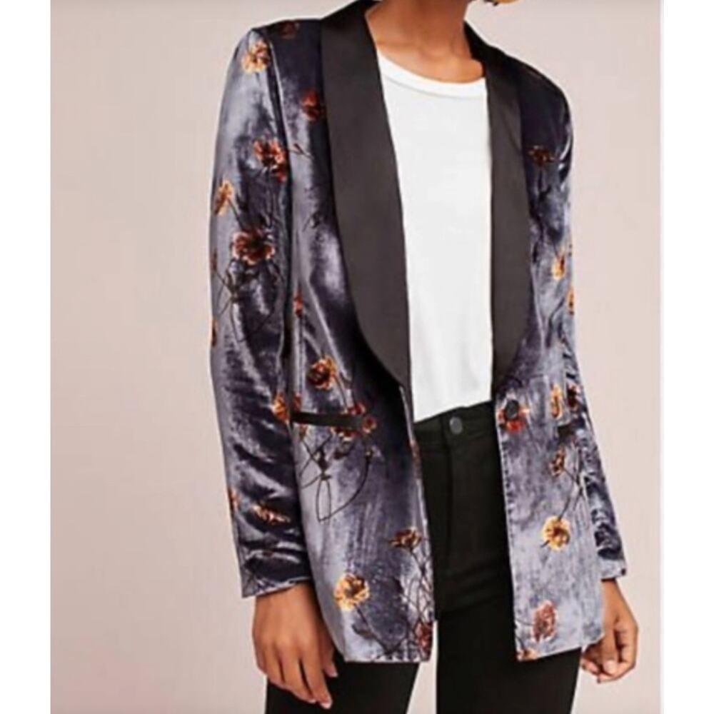 Anthropologie Cartonnier Gray Velvet Velour Floral Tuxedo Blazer Jacket Sz 12